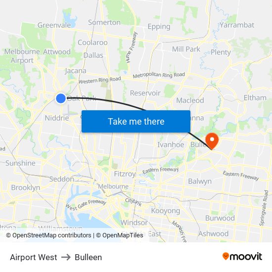 Airport West to Bulleen map