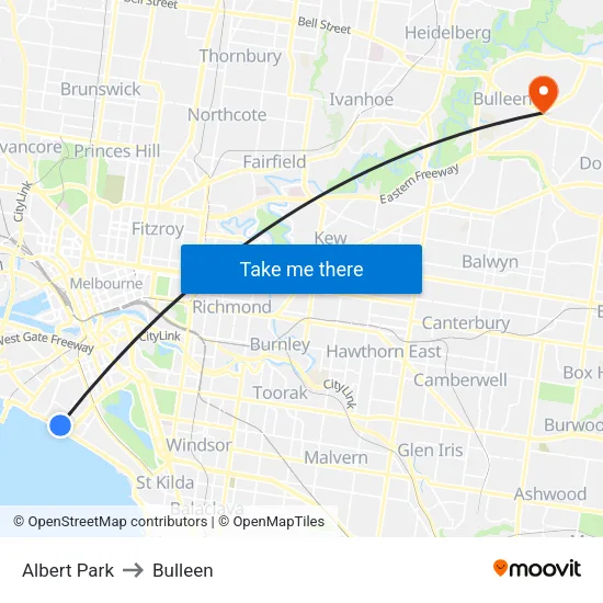 Albert Park to Bulleen map