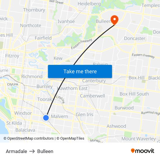 Armadale to Bulleen map