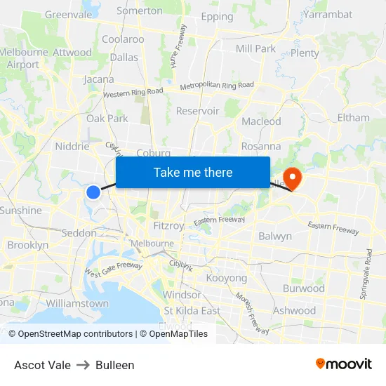 Ascot Vale to Bulleen map