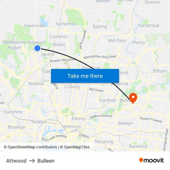 Attwood to Bulleen map