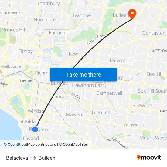 Balaclava to Bulleen map