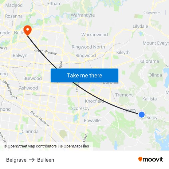 Belgrave to Bulleen map