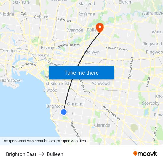 Brighton East to Bulleen map