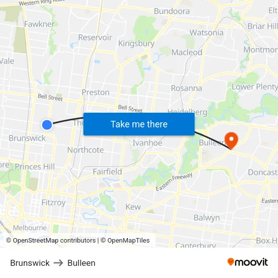 Brunswick to Bulleen map
