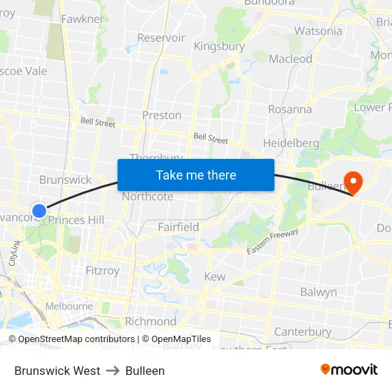 Brunswick West to Bulleen map