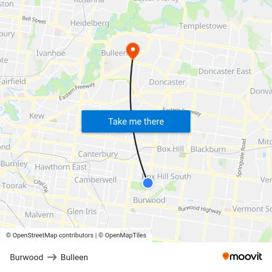 Burwood to Bulleen map