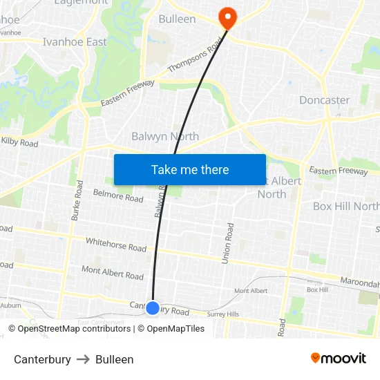 Canterbury to Bulleen map