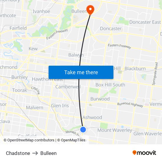 Chadstone to Bulleen map