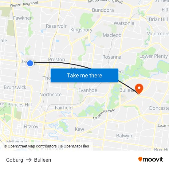 Coburg to Bulleen map