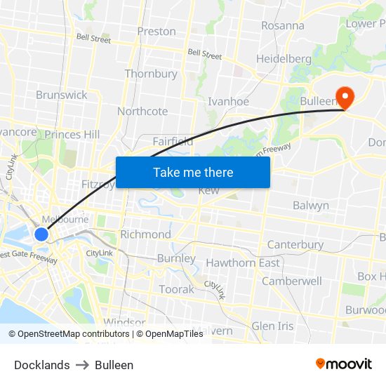 Docklands to Bulleen map