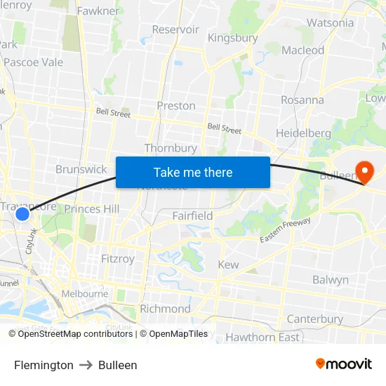 Flemington to Bulleen map