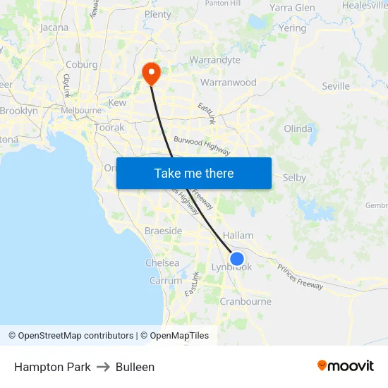 Hampton Park to Bulleen map