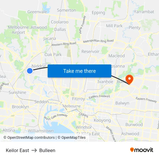 Keilor East to Bulleen map
