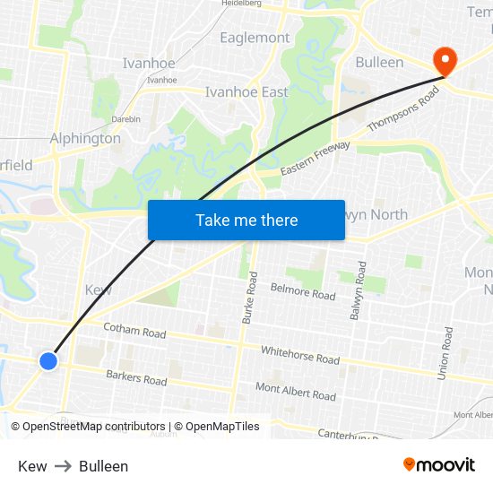 Kew to Bulleen map