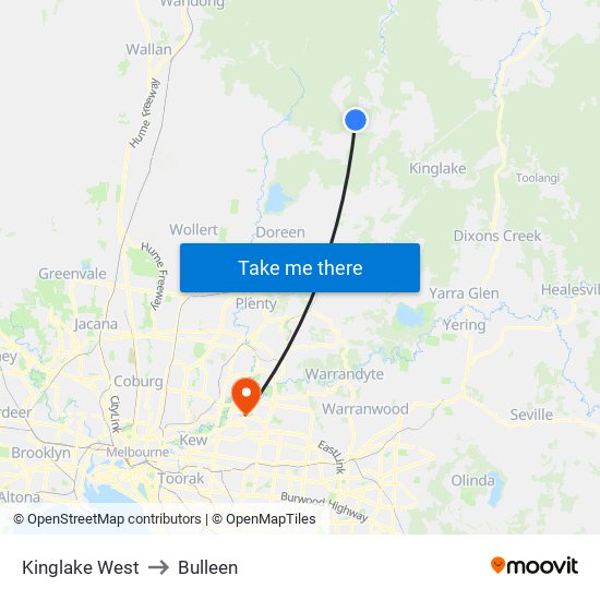 Kinglake West to Bulleen map