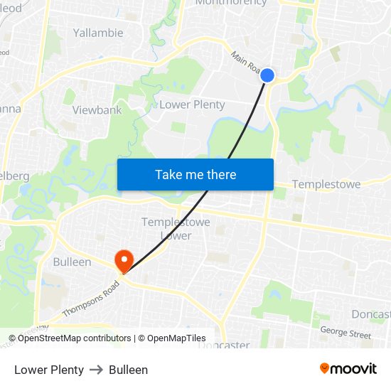 Lower Plenty to Bulleen map