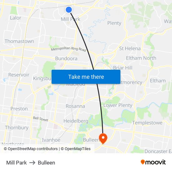 Mill Park to Bulleen map