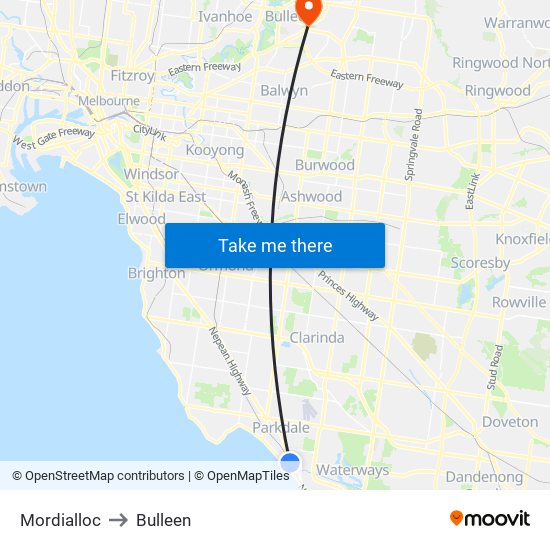 Mordialloc to Bulleen map