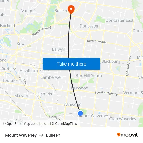 Mount Waverley to Bulleen map