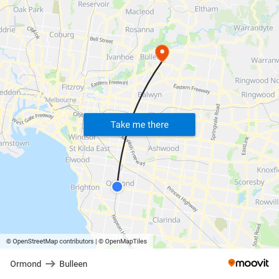 Ormond to Bulleen map