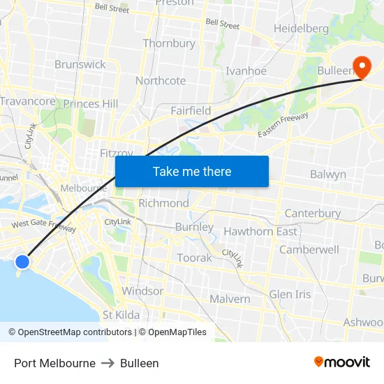 Port Melbourne to Bulleen map