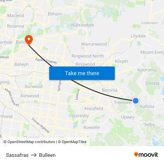 Sassafras to Bulleen map