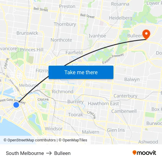 South Melbourne to Bulleen map
