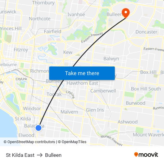 St Kilda East to Bulleen map