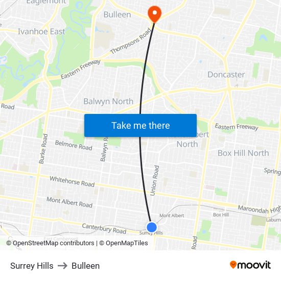 Surrey Hills to Bulleen map