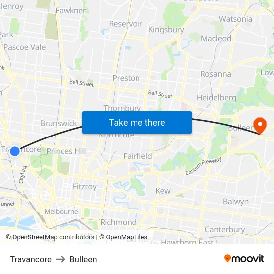 Travancore to Bulleen map