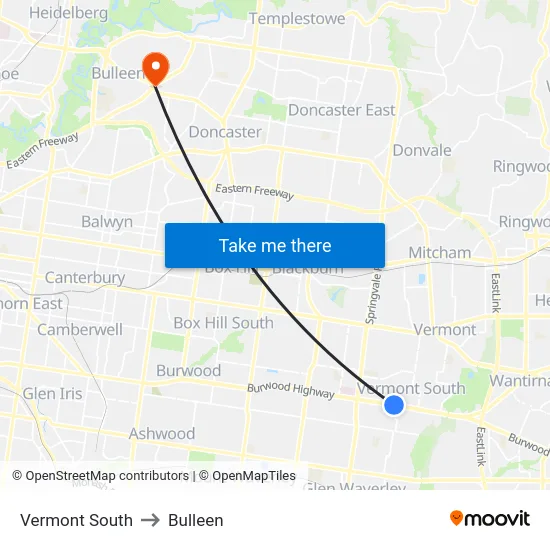 Vermont South to Bulleen map