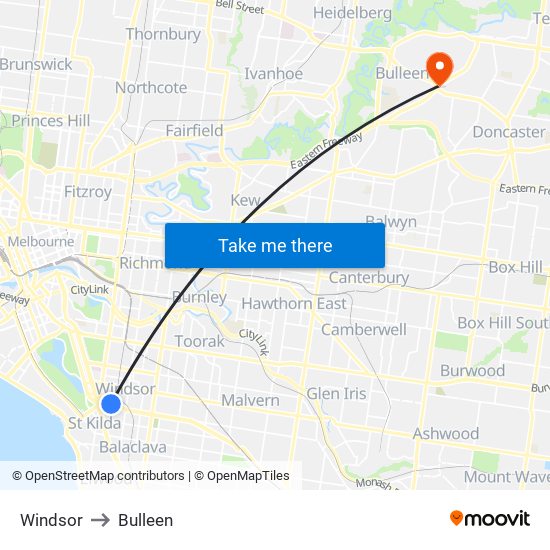 Windsor to Bulleen map
