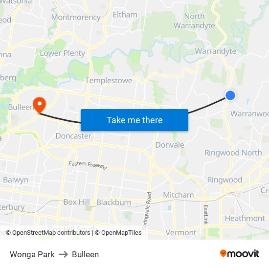 Wonga Park to Bulleen map