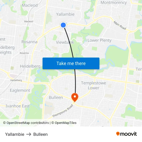 Yallambie to Bulleen map