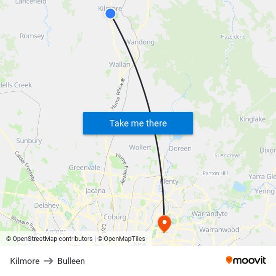 Kilmore to Bulleen map