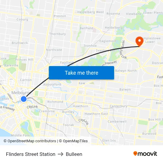 Flinders Street Station to Bulleen map