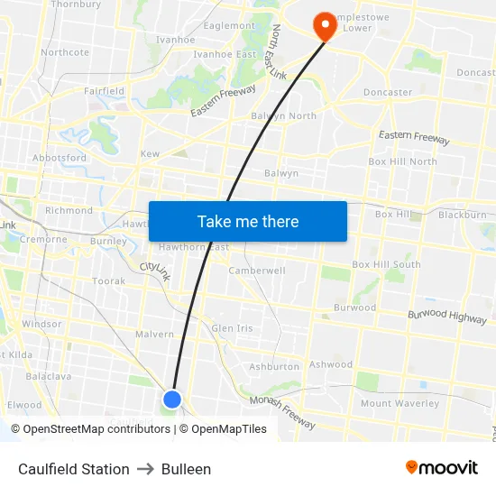 Caulfield Station to Bulleen map
