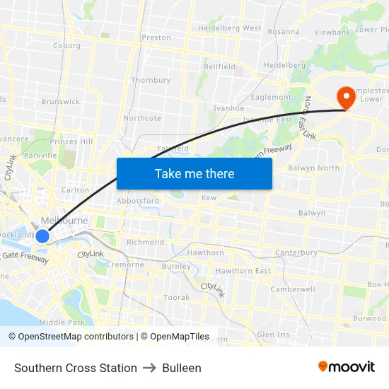 Southern Cross Station to Bulleen map