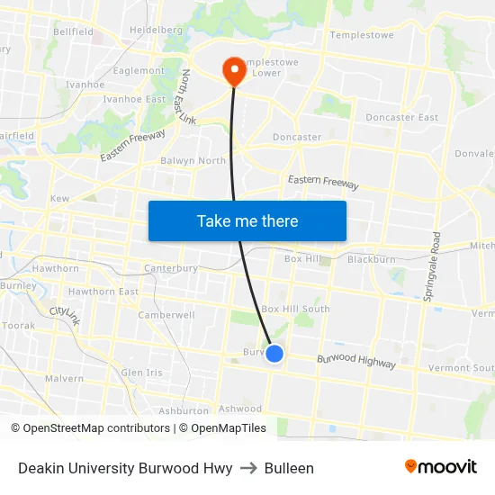 Deakin University Burwood Hwy to Bulleen map