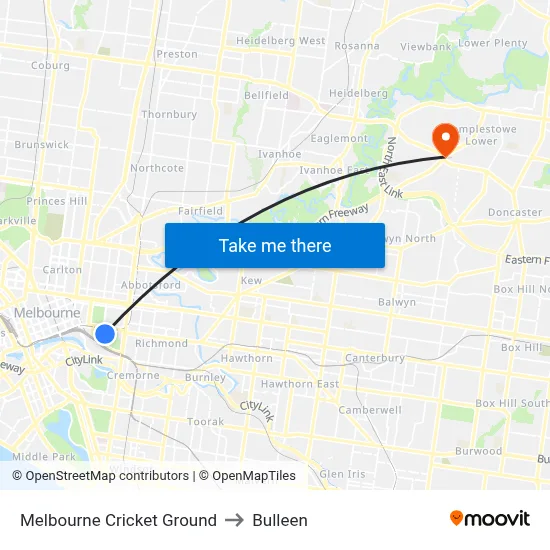 Melbourne Cricket Ground to Bulleen map