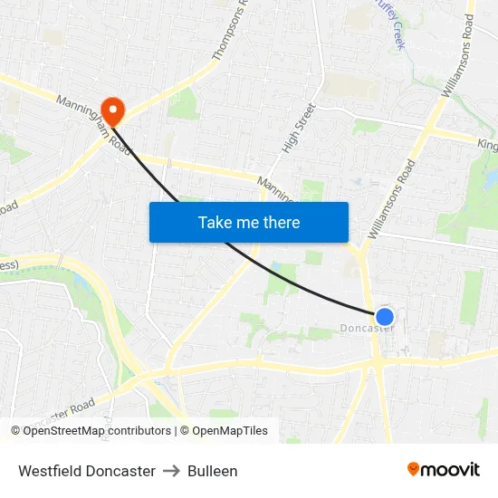 Westfield Doncaster to Bulleen map