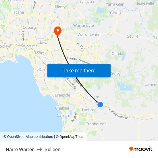 Narre Warren to Bulleen map