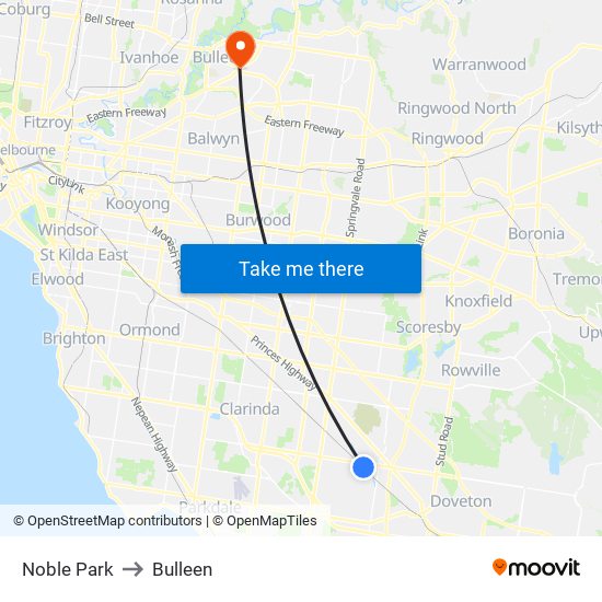 Noble Park to Bulleen map