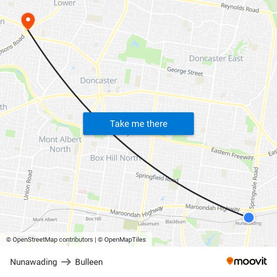 Nunawading to Bulleen map