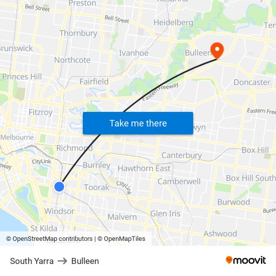 South Yarra to Bulleen map