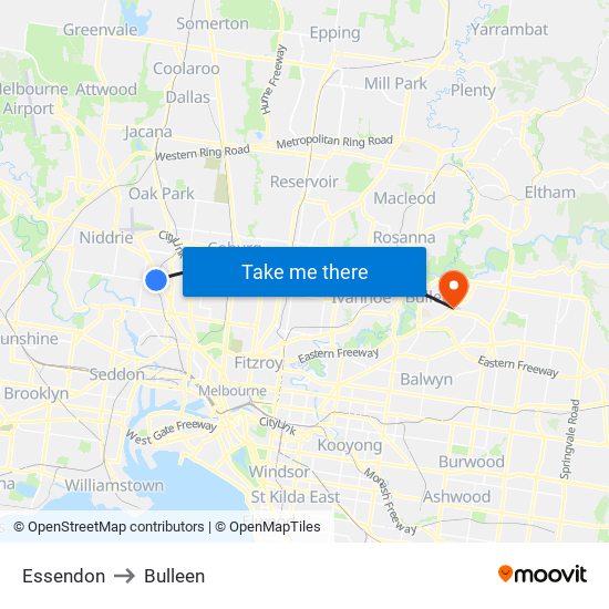 Essendon to Bulleen map