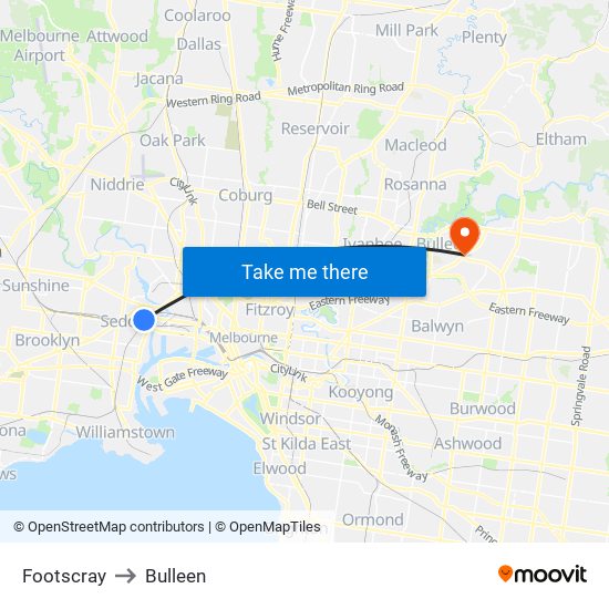 Footscray to Bulleen map