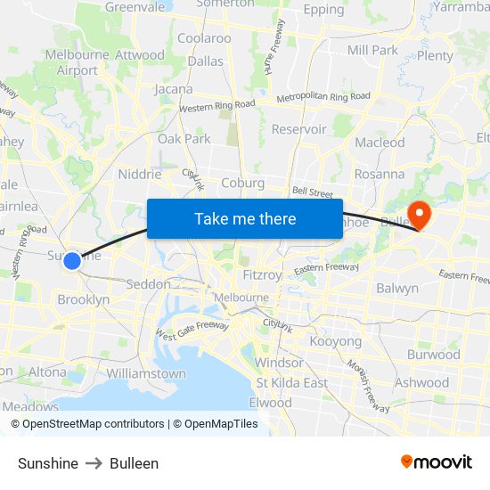 Sunshine to Bulleen map