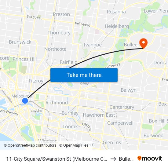 11-City Square/Swanston St (Melbourne City) to Bulleen map